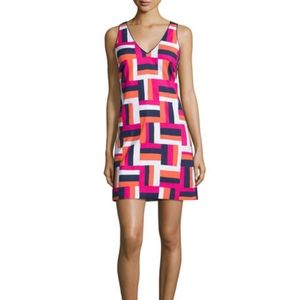 Trina Turk Orange Pink Navy Blue Lined Geometric V Neck Tank Dress 6